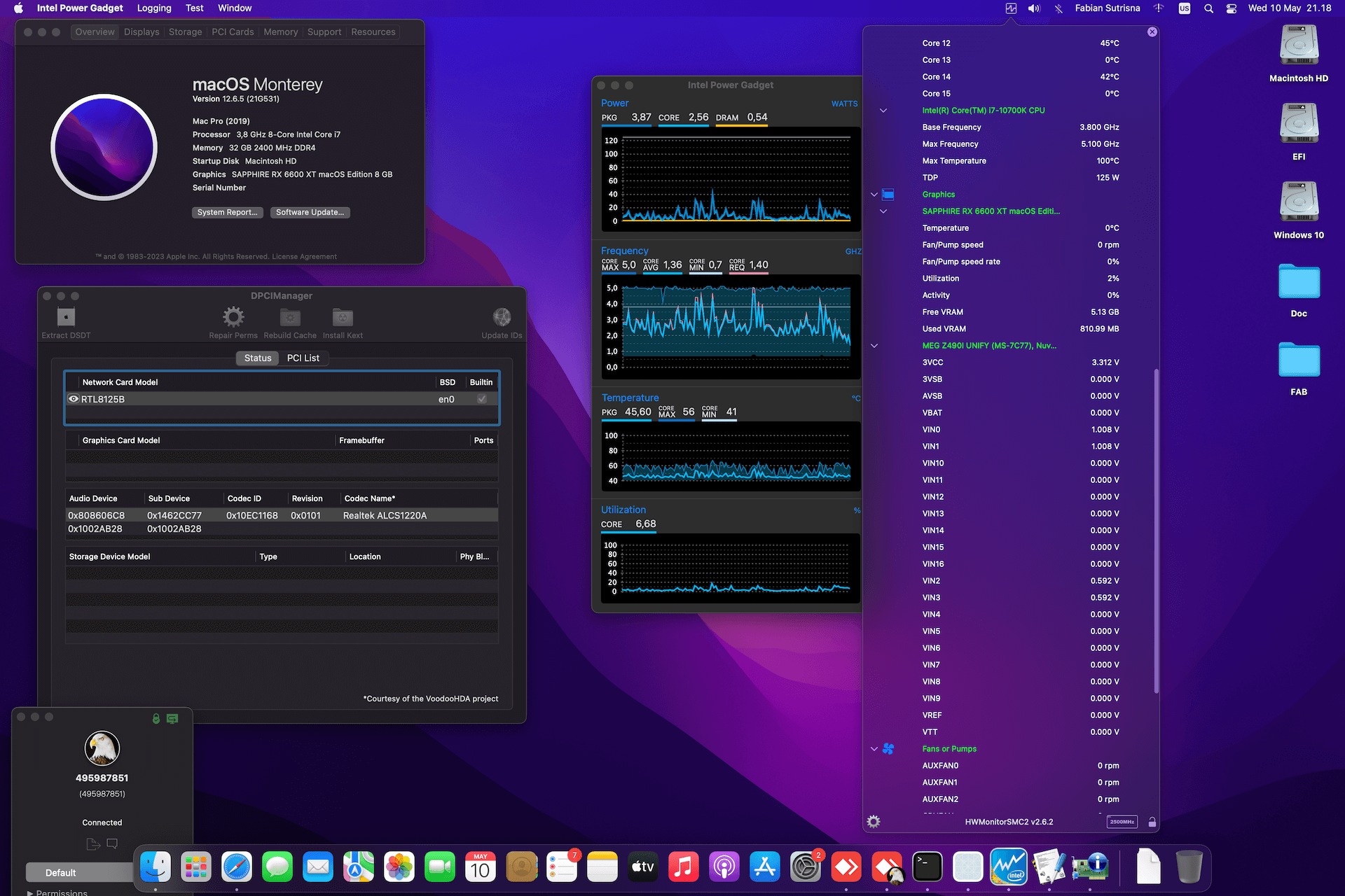 Success Hackintosh macOS Monterey 12.6.5 Build 21G531 in MSI MEG Z490I Unify + Intel Core i7 10700K + Sapphire RX 6600 XT